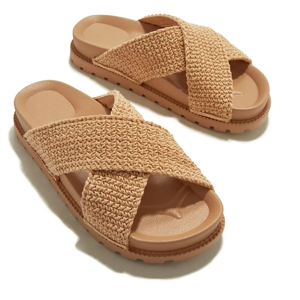 Awaken Natural Flyknit Criss Cross Slide Sandals. - Picture 3 of 16